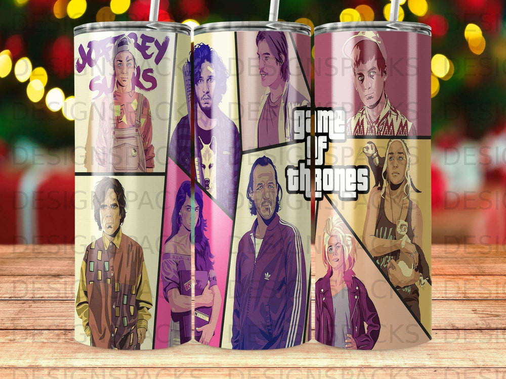 Game of Thrones characters illustrated on sublimation tumblers with various expressions.