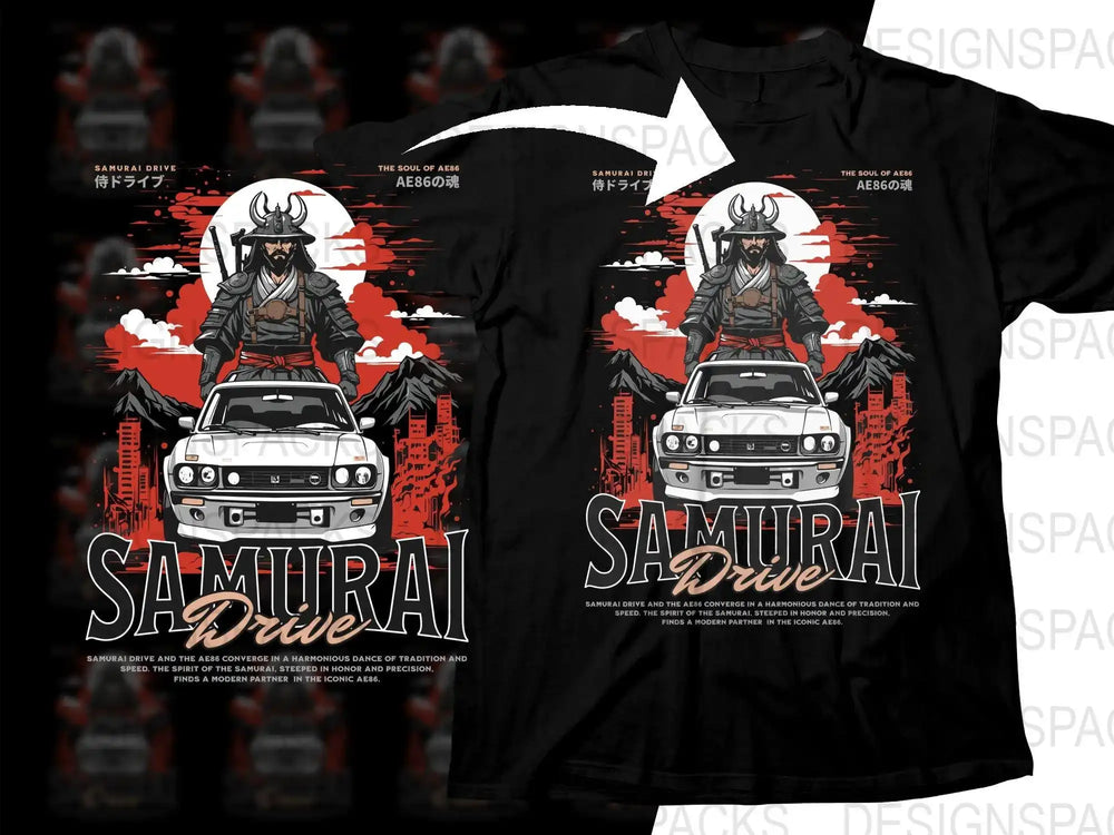 Samurai Drive t-shirt design featuring AE86 car and samurai warrior, print-ready graphic for DTG/DTF