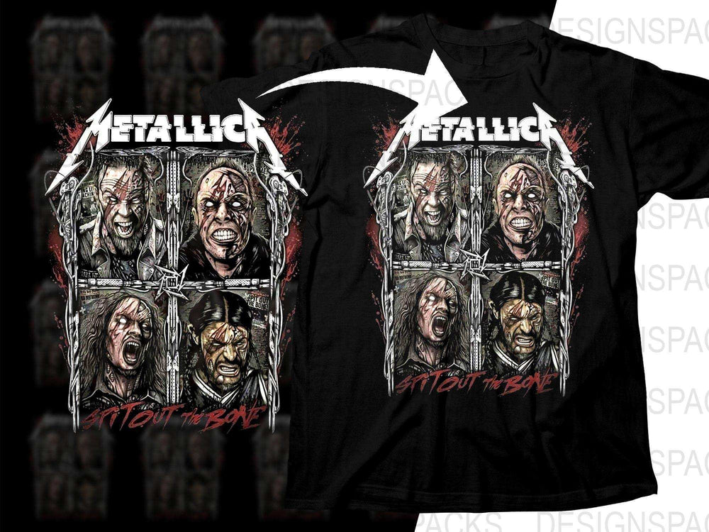 Metallica 'Spit Out the Bone' t-shirt design with band members and bold graphics
