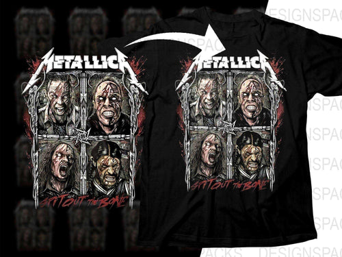 Metallica 'Spit Out the Bone' t-shirt design with band members and bold graphics
