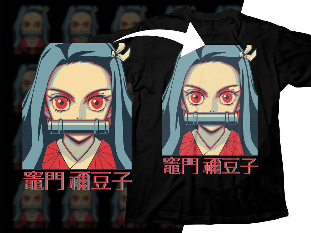 Anime character Nezuko Kamado design on black t-shirt, print-ready for DTG/DTF