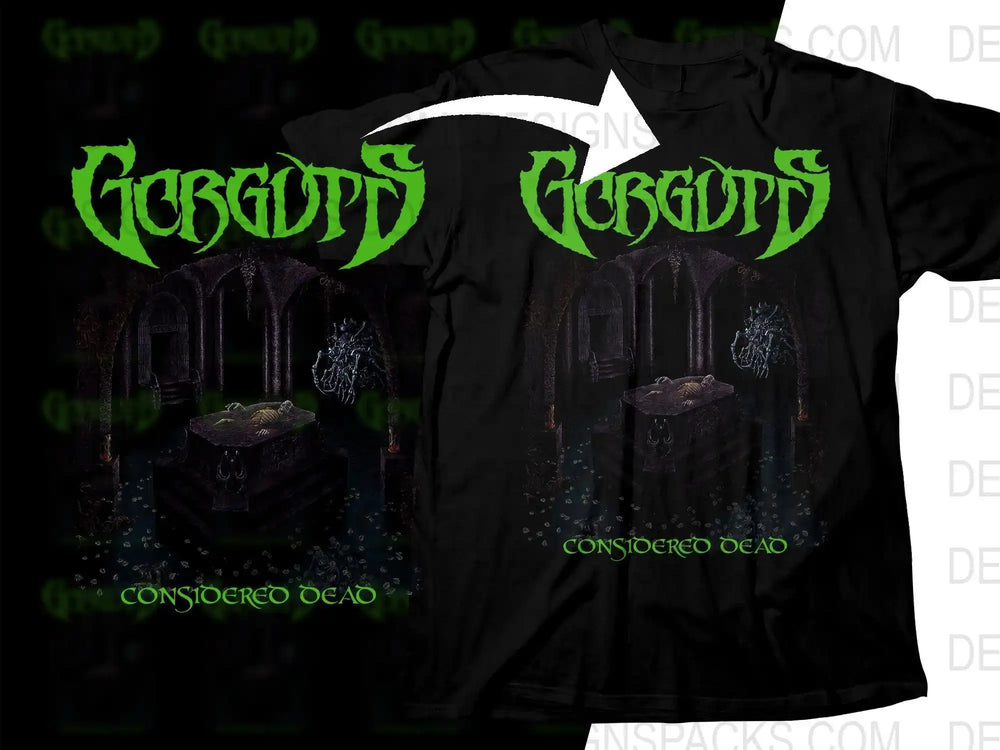 Gerguts band t-shirt with gothic design, 'Considered Dead' text, and dark crypt imagery