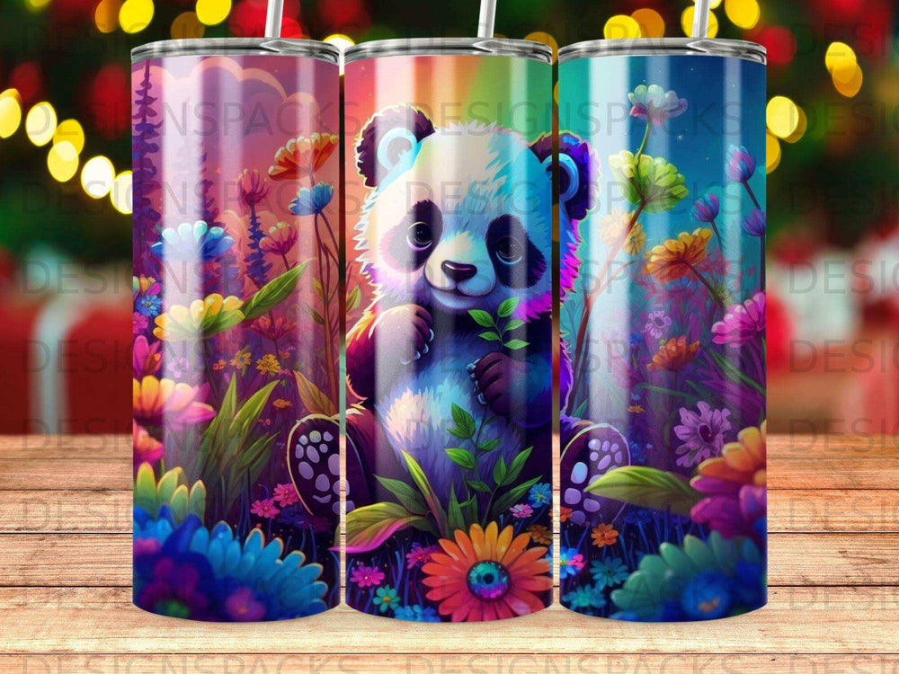 Panda sitting in colorful floral landscape, vibrant colors.
