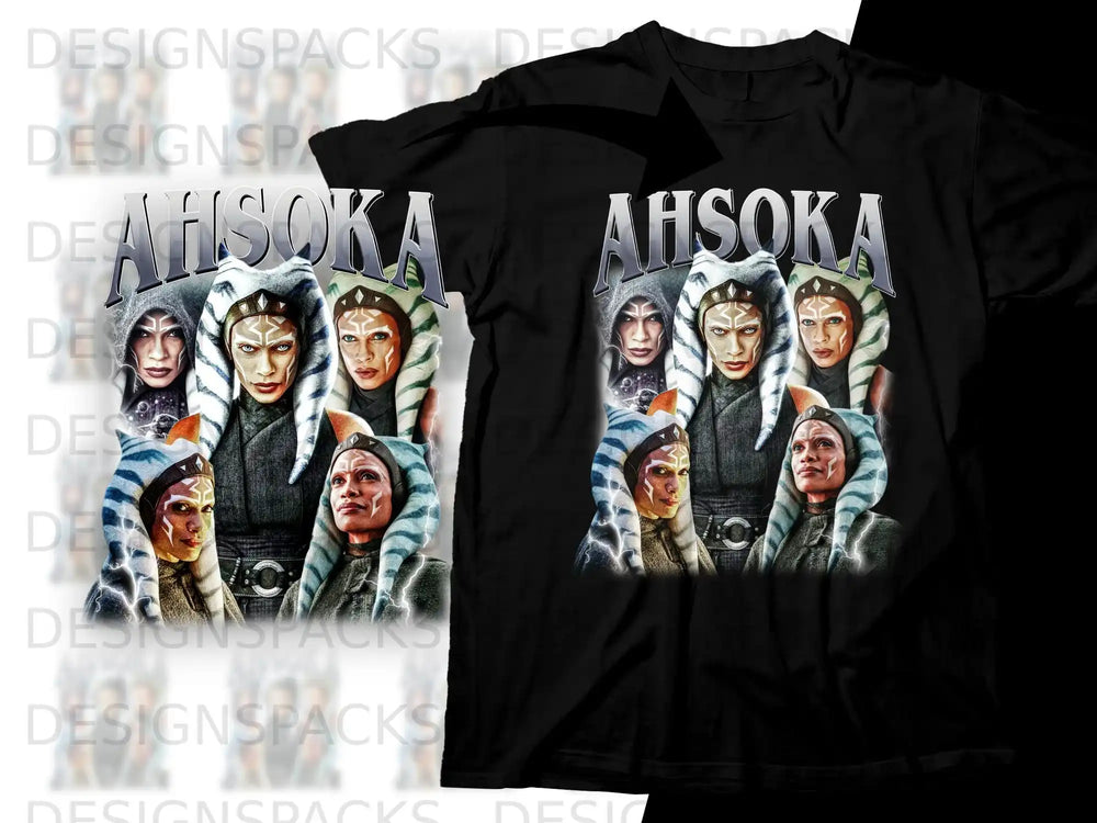 Black t-shirt featuring Ahsoka Tano with a group of characters.