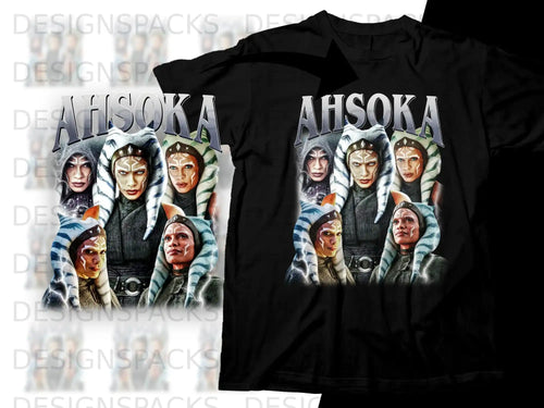 Black t-shirt featuring Ahsoka Tano with a group of characters.