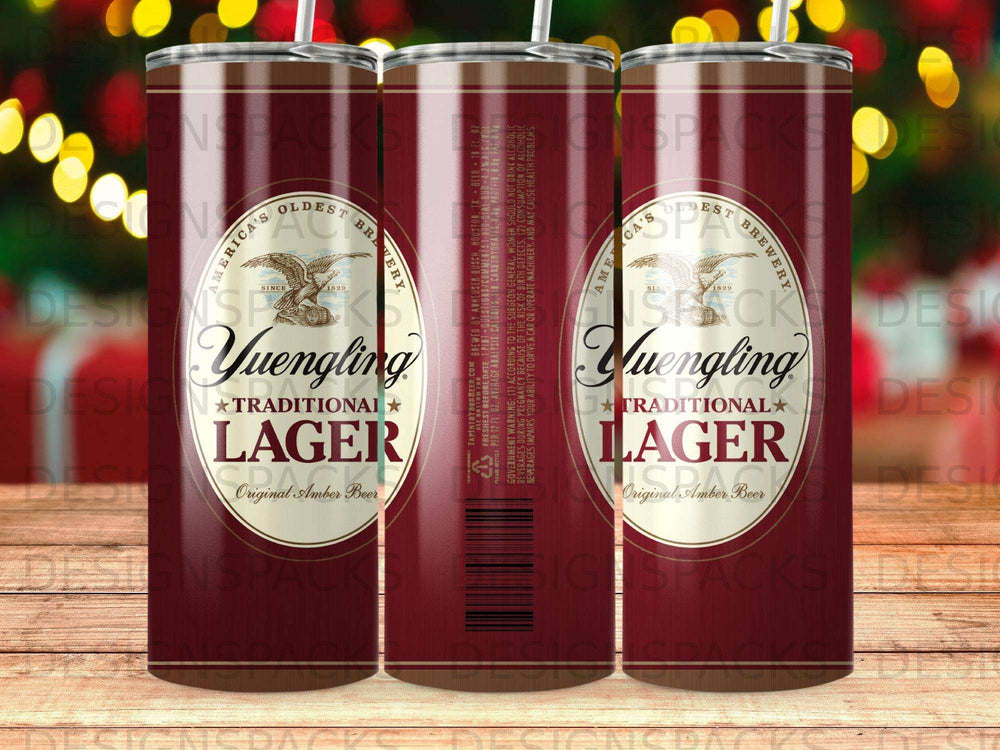 Yuengling Traditional Lager amber beer tumbler with brewery logos.