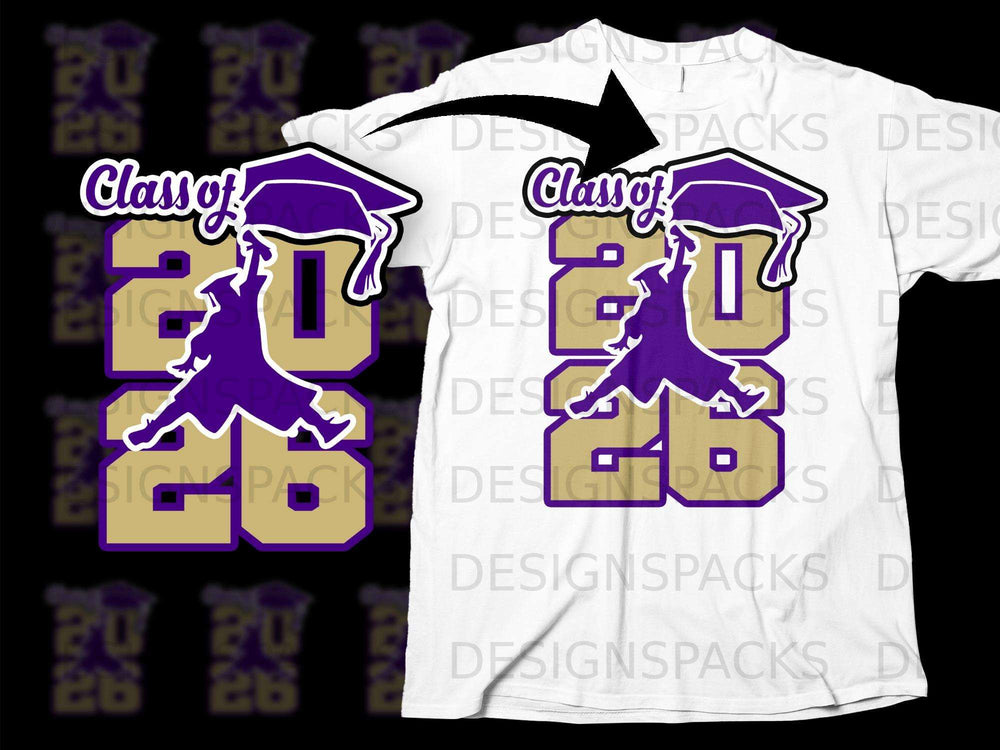 Class of 2026 design with graduation cap and silhouette on a white t-shirt.
