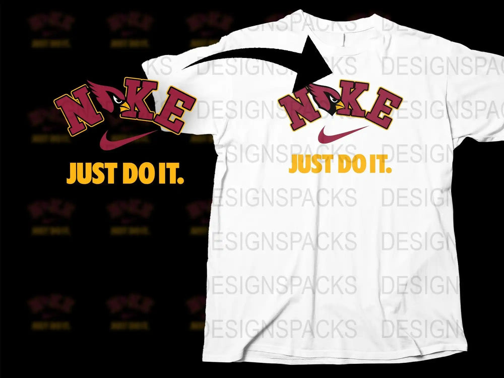 White t-shirt with NOKE design, cardinal mascot, and 'Just Do It' slogan, print-ready for DTG/DTF.