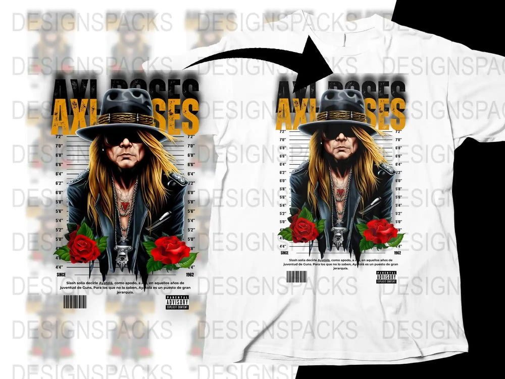 Axel Rose rock band t-shirt design with roses and mugshot style graphic for DTG printing