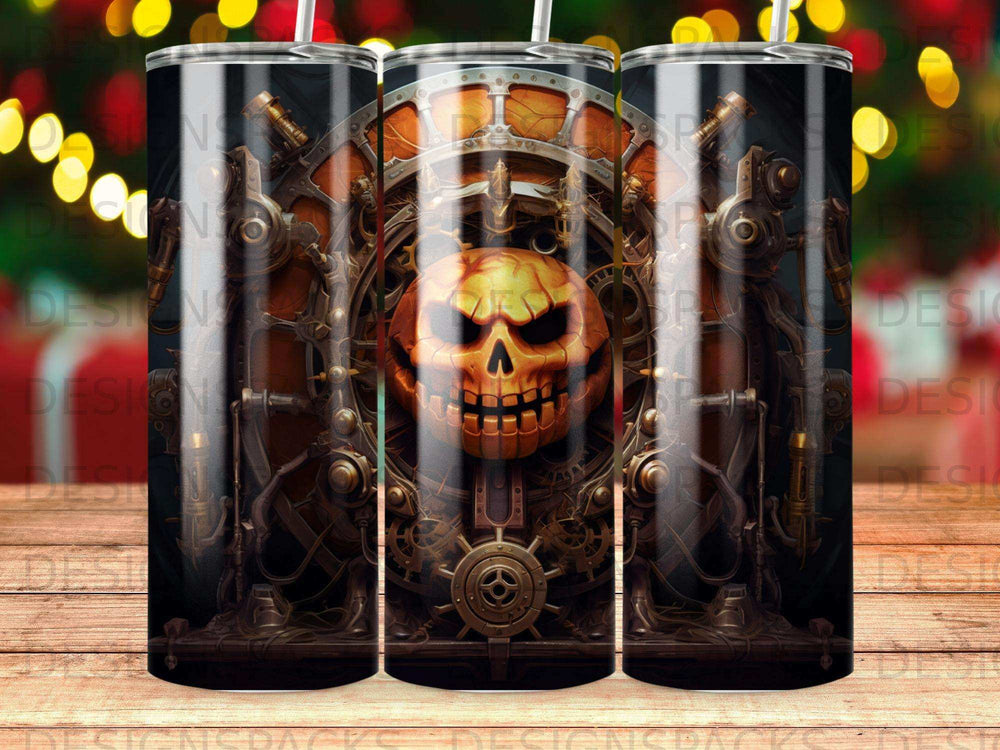 Steampunk skull with gears and mechanical details on a tumbler.