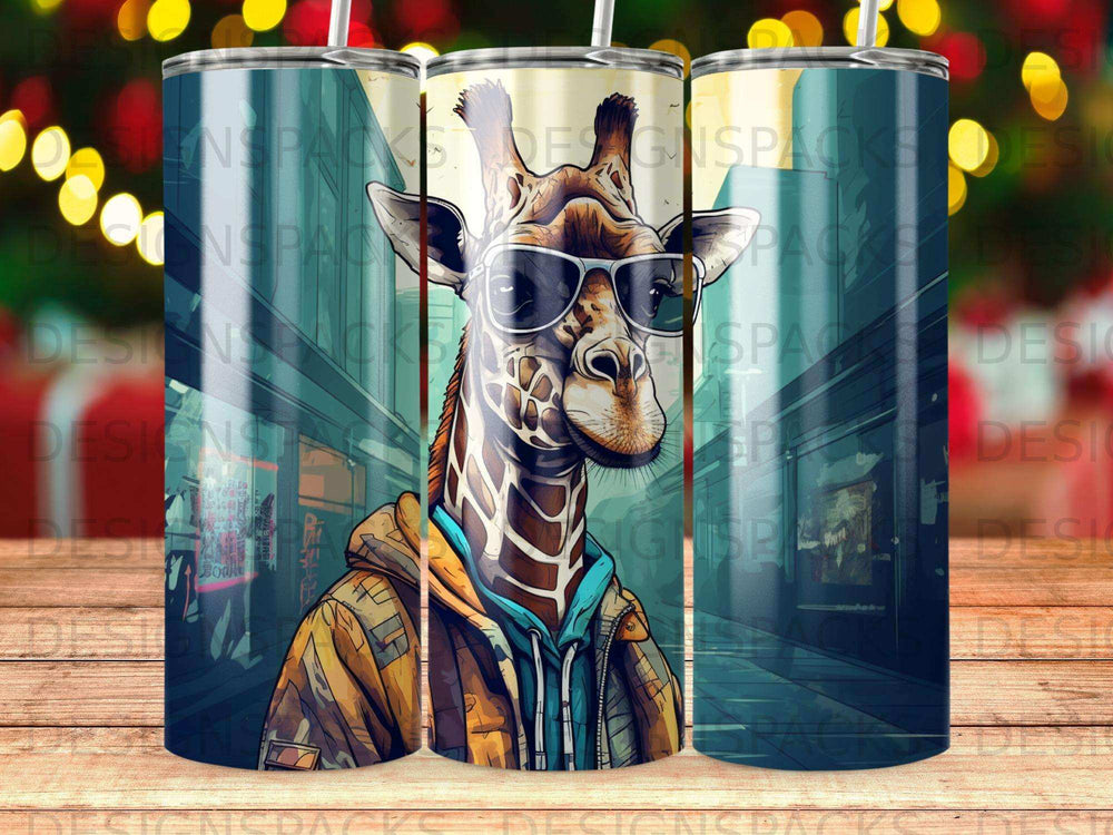 Giraffe wearing sunglasses and a hoodie in an urban setting.