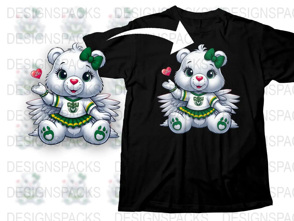 Cute angel bear in cheerleader outfit with CSU logo, printed on black t-shirt