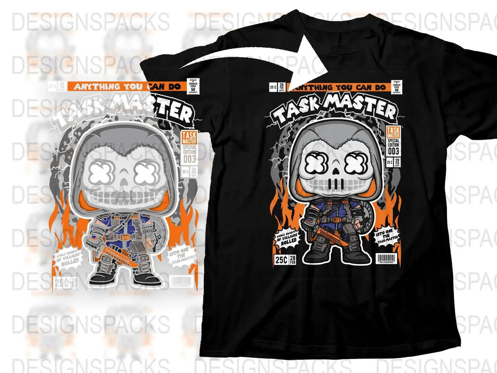 Task Master comic-style t-shirt design with skull character, flames, and 'Special Edition 003' text, print-ready for DTG/DTF.