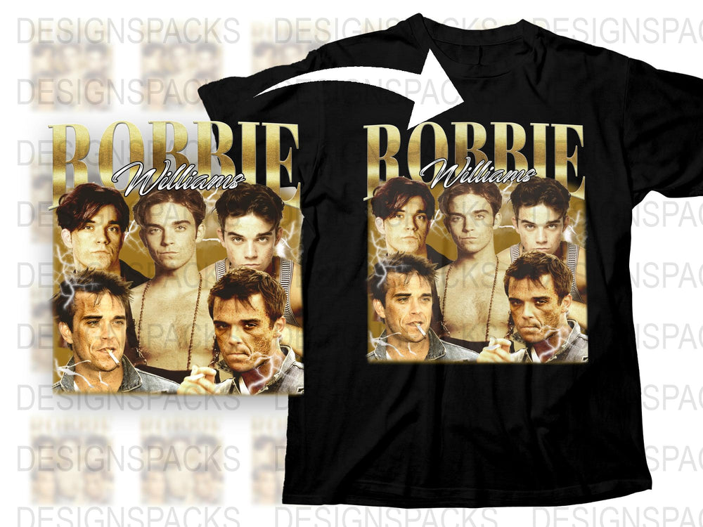 Robbie Williams Graphic T-Shirt, Vintage Pop Music Tee, Fan Gift Idea, Collector's Item, Multiple Prints, Black Shirt