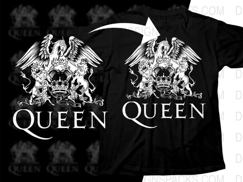 Queen band logo t-shirt with crown and lions design, print-ready graphic for DTG or DTF