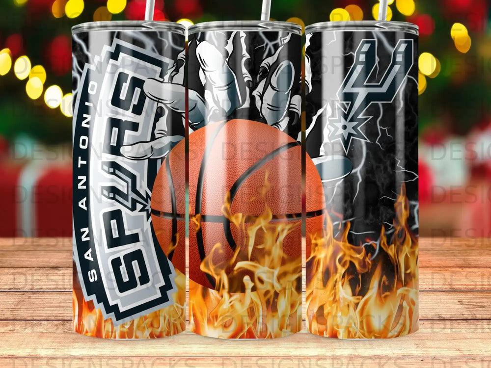 San Antonio Spurs logo with basketball and flames, full tumbler wrap design.