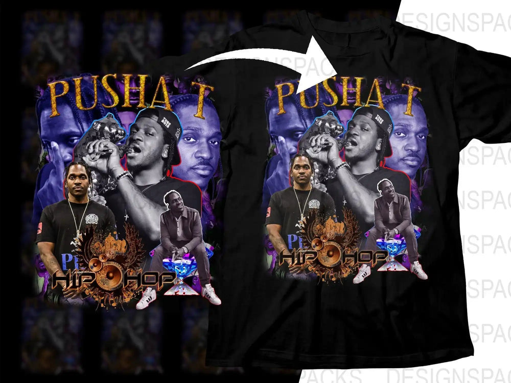 Pusha T Hip Hop T-Shirt Design with Vibrant Graphics and Print-Ready Art