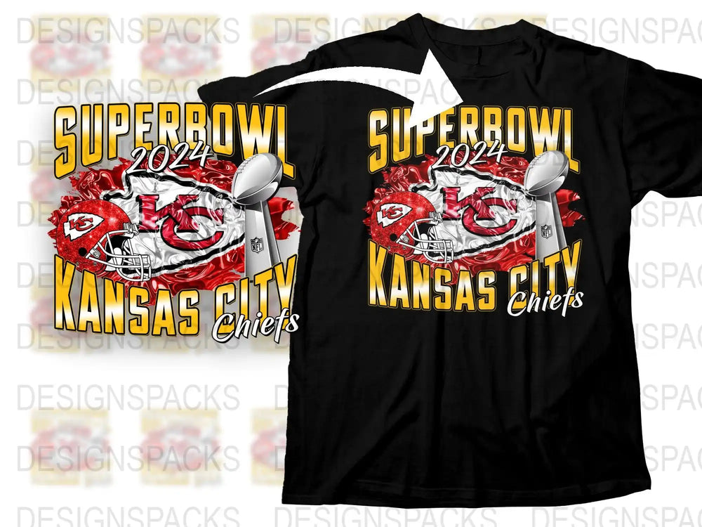 Kansas City Chiefs Super Bowl 2024 t-shirt design with helmet and trophy graphics