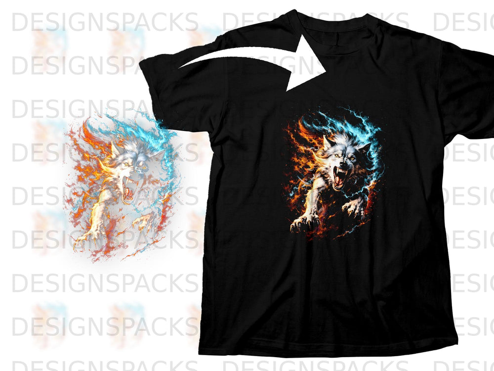 Black t-shirt with a fierce wolf graphic surrounded by fire and blue lightning.