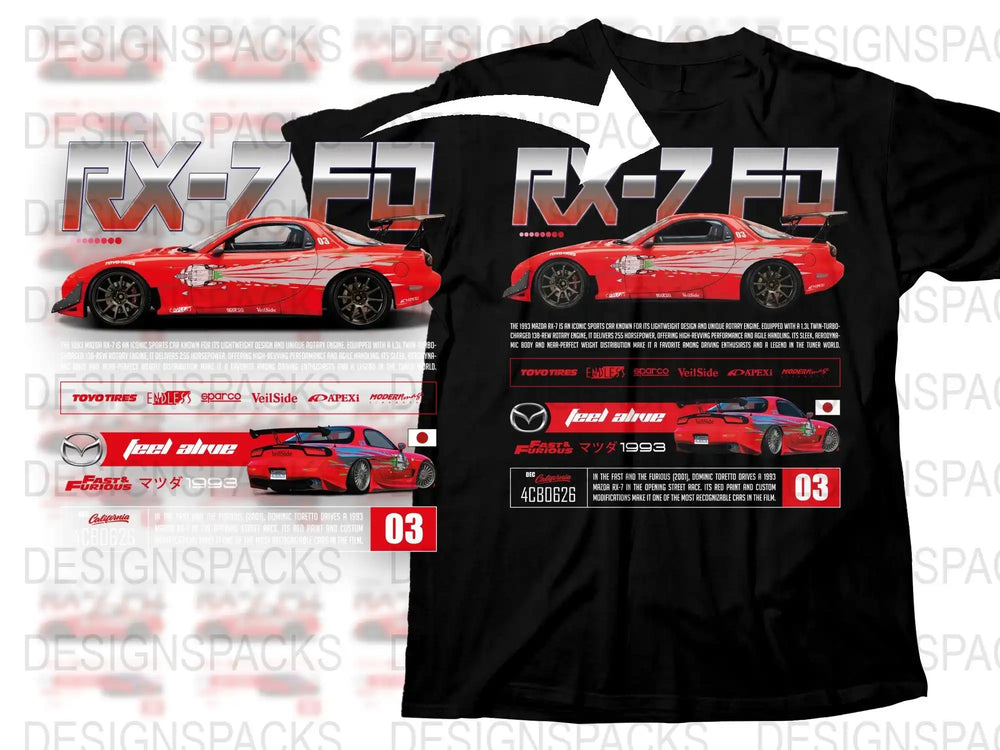 RX-7 FD t-shirt design featuring red 1993 Mazda sports car, Fast & Furious theme, and racing decals