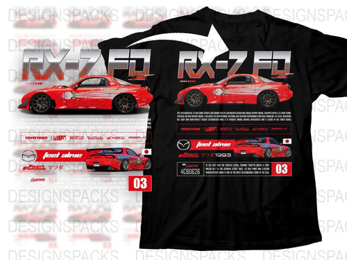 RX-7 FD t-shirt design featuring red 1993 Mazda sports car, Fast & Furious theme, and racing decals