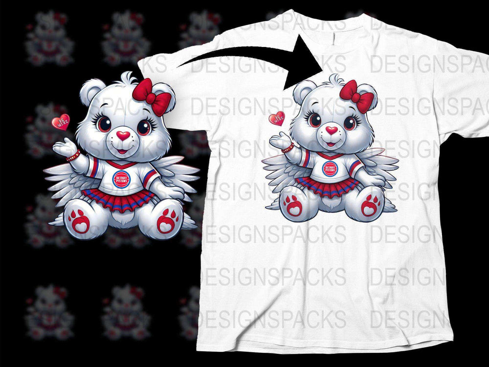 Cute angel bear in Detroit Pistons jersey on white t-shirt, perfect for DTF/DTG printing designs.
