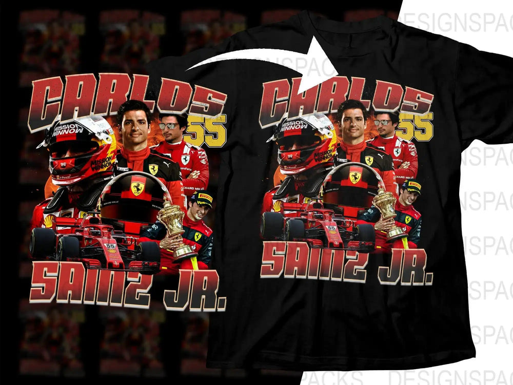 Carlos Sainz Jr. Ferrari F1 driver graphic t-shirt design with race car, helmet, and trophy