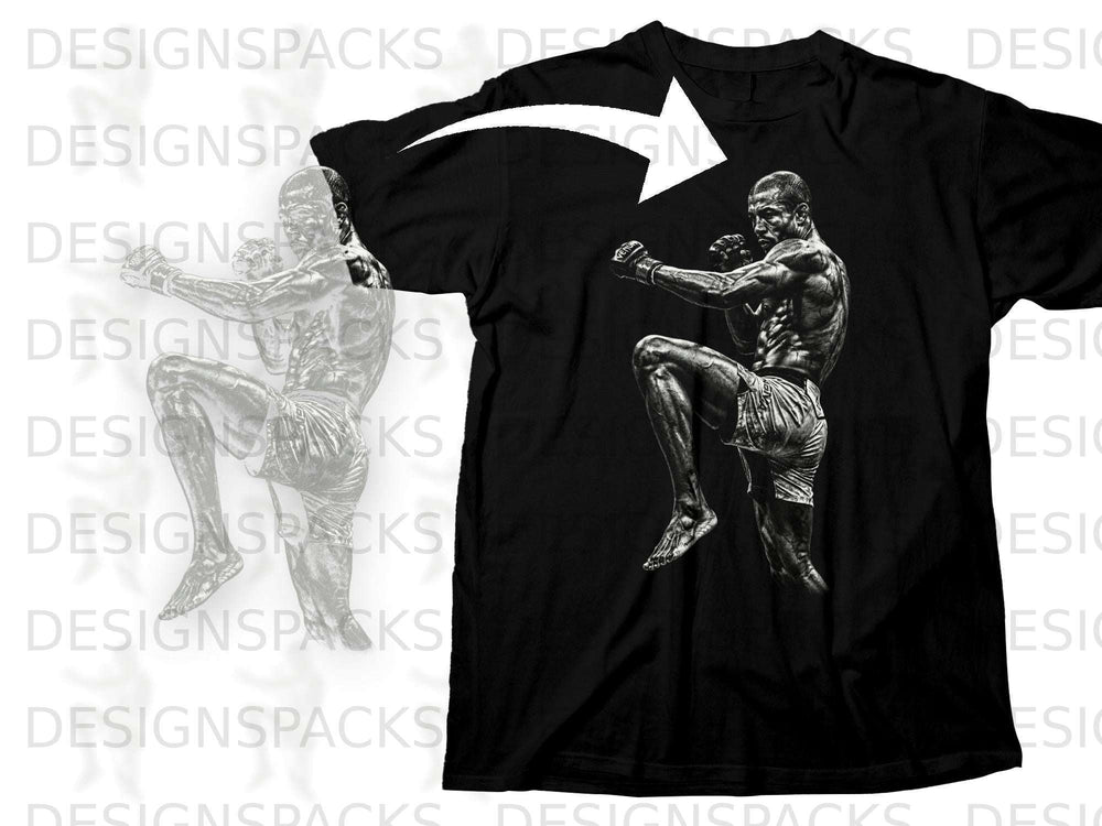 Black t-shirt with a graphic of a Muay Thai fighter executing a knee strike.