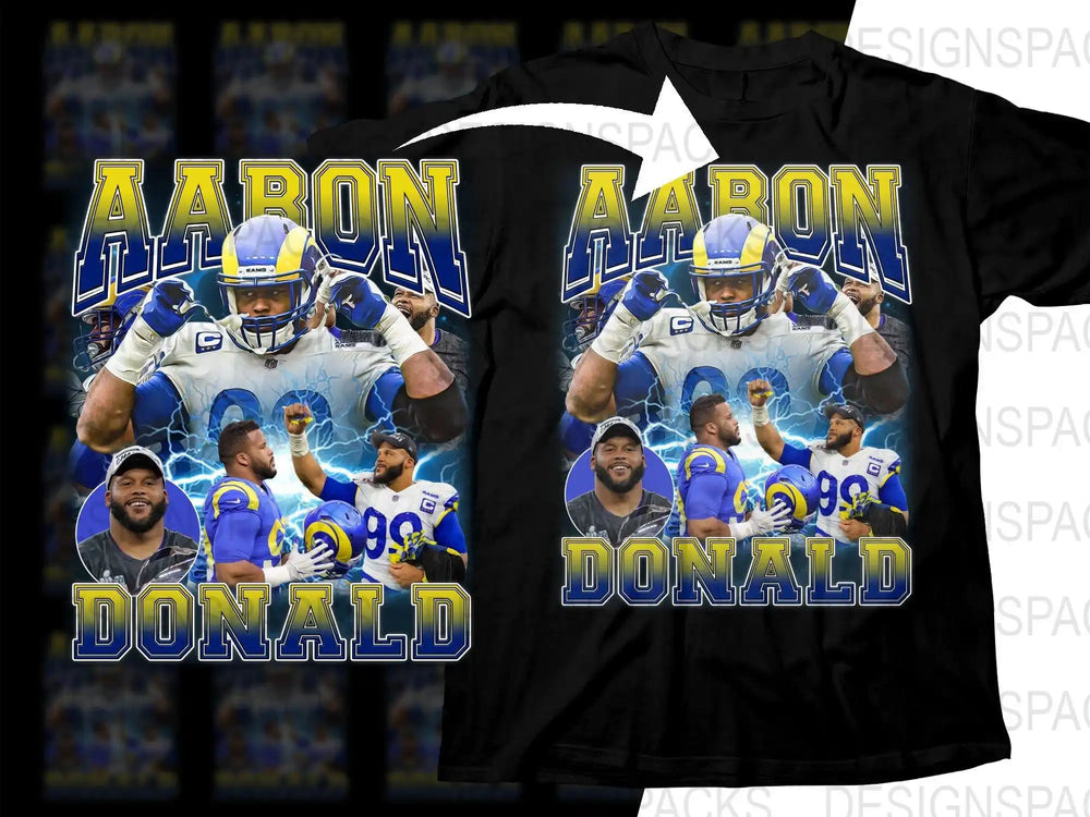 Aaron Donald football design on black t-shirt, featuring dynamic player graphics and bold text for DTF/DTG printing.