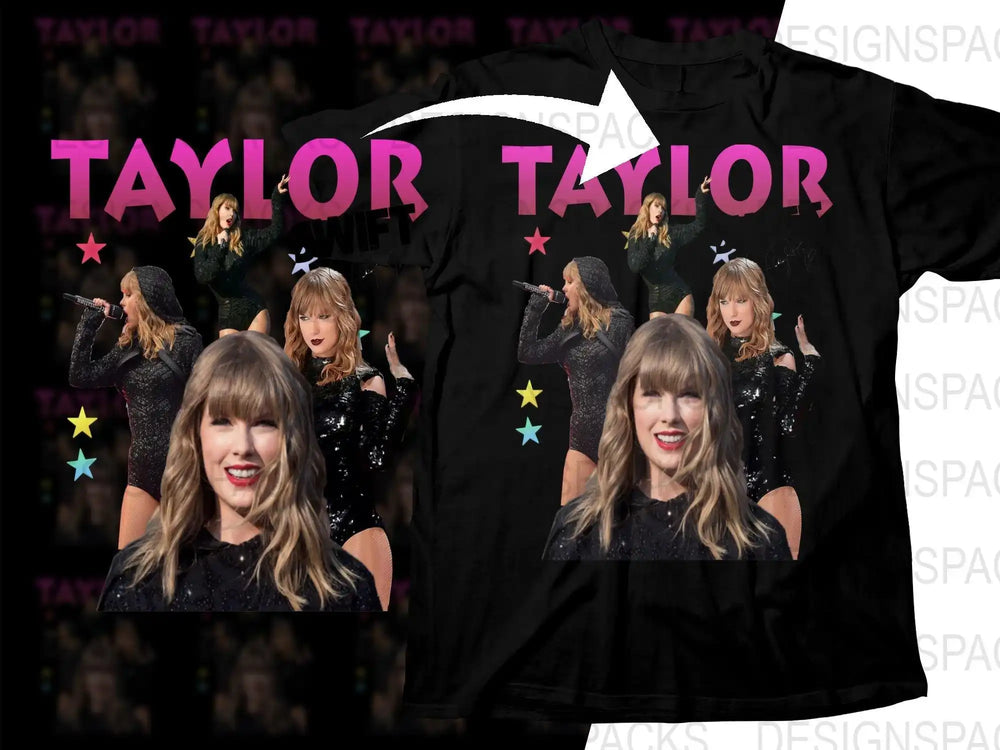 Taylor Swift concert-themed black t-shirt with vibrant graphics and stars, perfect for fans and print-on-demand.