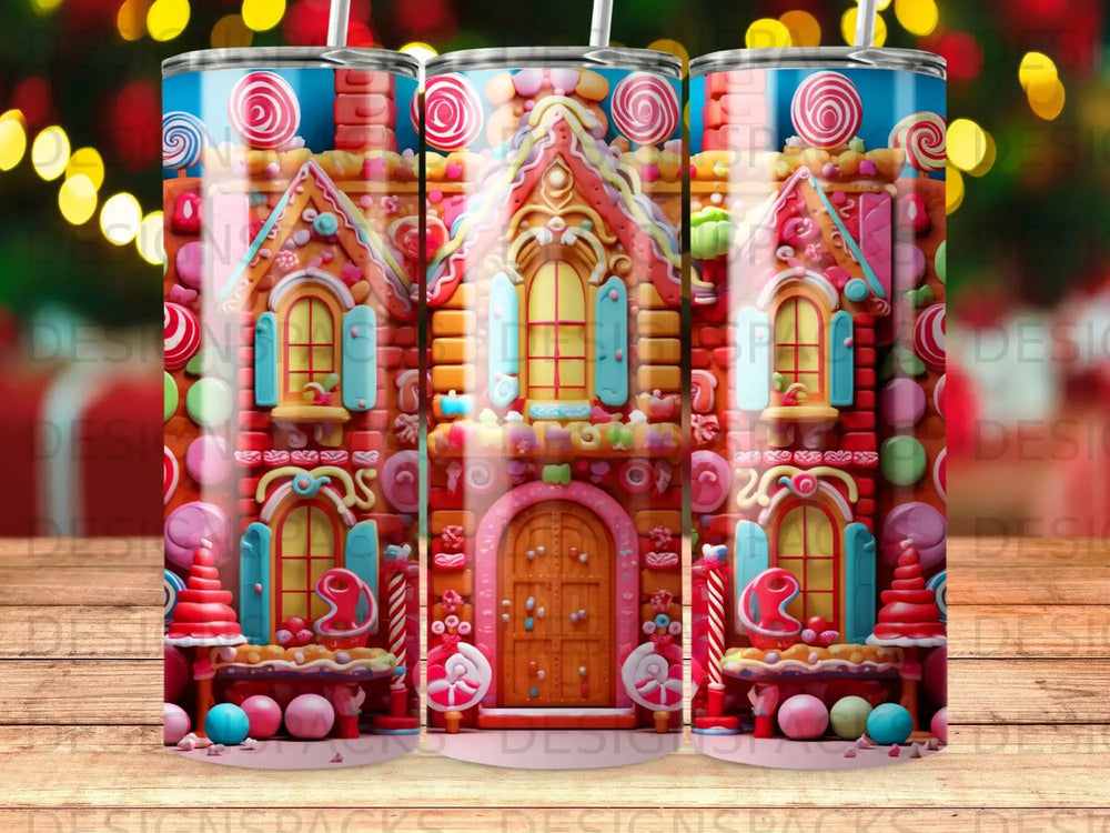 Gingerbread house decorated with candy, frosting, and gumdrops.