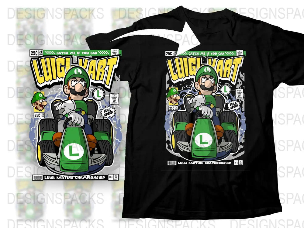 Luigi Karting Championship t-shirt design, comic-style print with Luigi in green race car, full speed, DTF/DTG ready