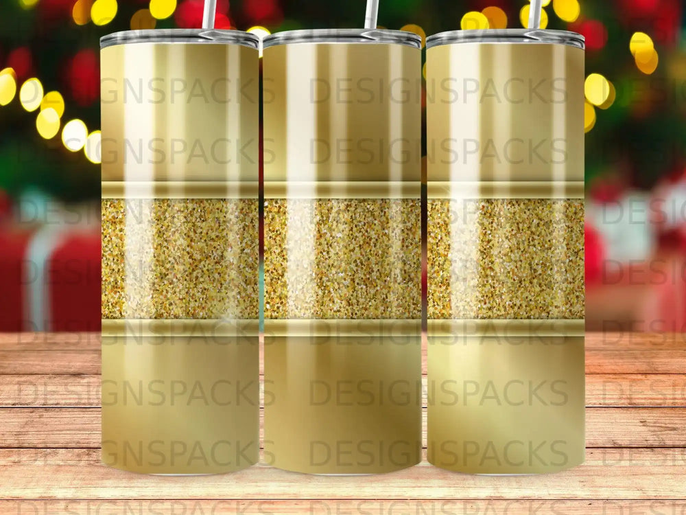 Three gold glitter tumblers with a repeating "DESIGNSPACKS" watermark.