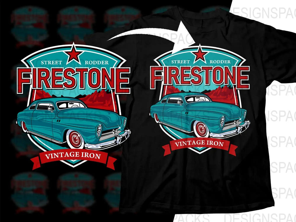 Street Rodder Firestone Vintage Iron t-shirt design with classic car graphic, print-ready PNG SVG