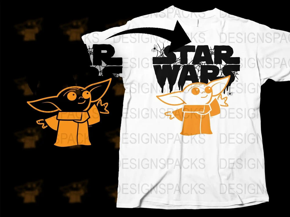 Star Wars Baby Yoda t-shirt design with spiderweb accents, print-ready for DTG or DTF