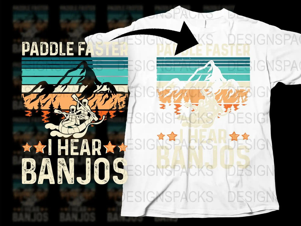 Paddle Faster I Hear Banjos T-Shirt, Funny Kayaking Camping Graphic Tee, Outdoor Adventure White Shirt with Vintage Design
