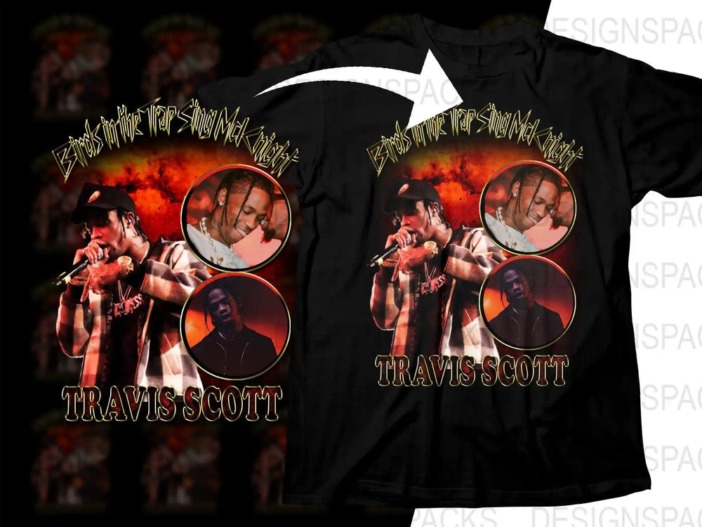 Travis Scott concert t-shirt design with 'Birds in the Trap Sing McKnight' text and circular portraits