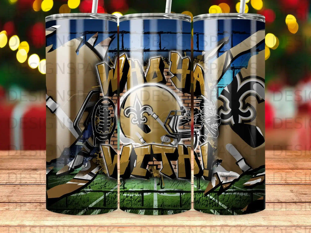 New Orleans Saints helmet and team logo on a textured blue and gold tumbler.