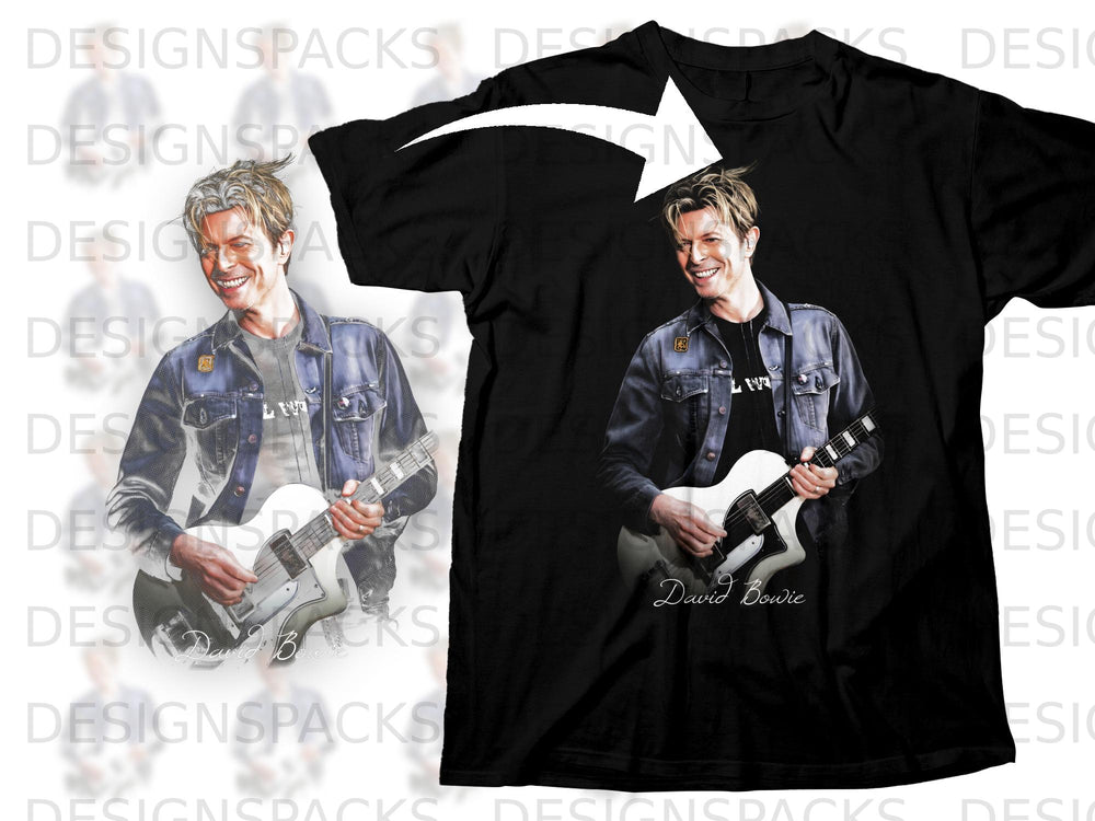 Black t-shirt with a graphic of David Bowie playing a white guitar.