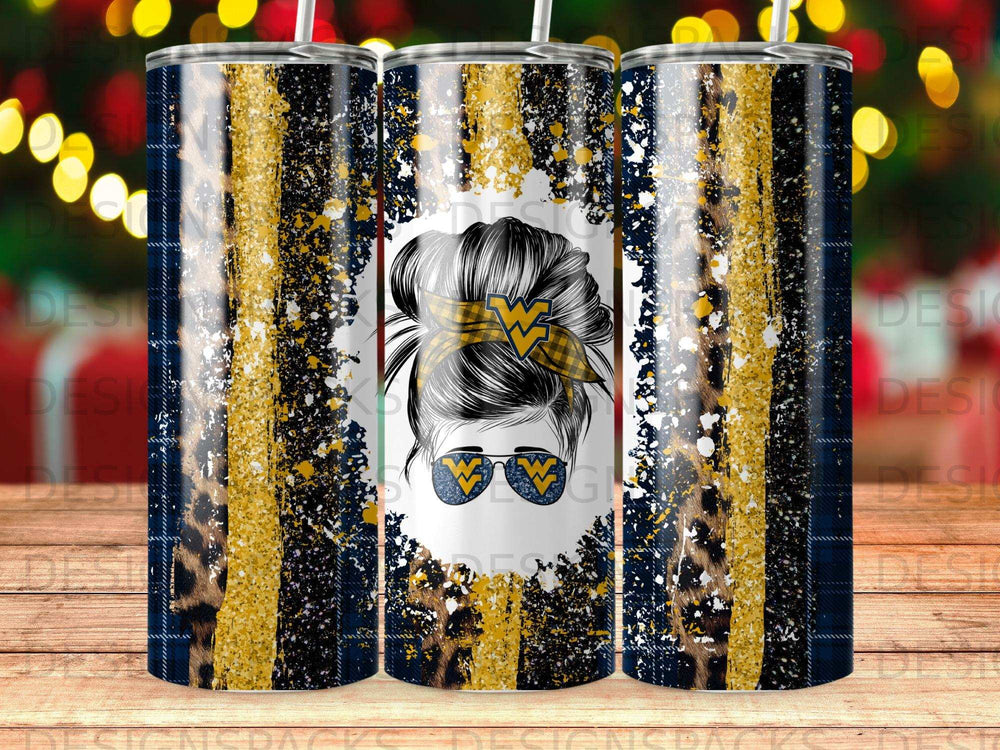 Blue and gold plaid tumbler with leopard print and messy bun graphic.