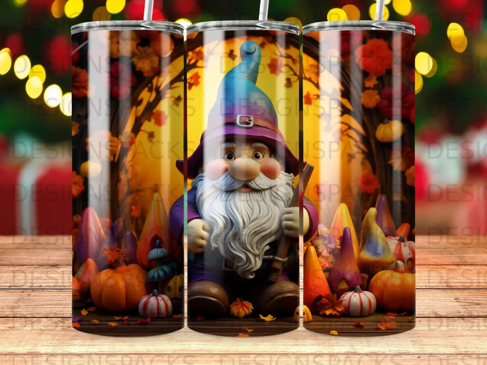 Gnome with pumpkins and fall leaves on a wooden background.