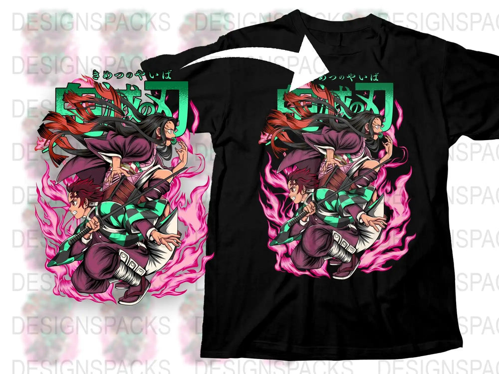 Demon Slayer anime t-shirt design with Tanjiro and Nezuko, vibrant pink flames, green text