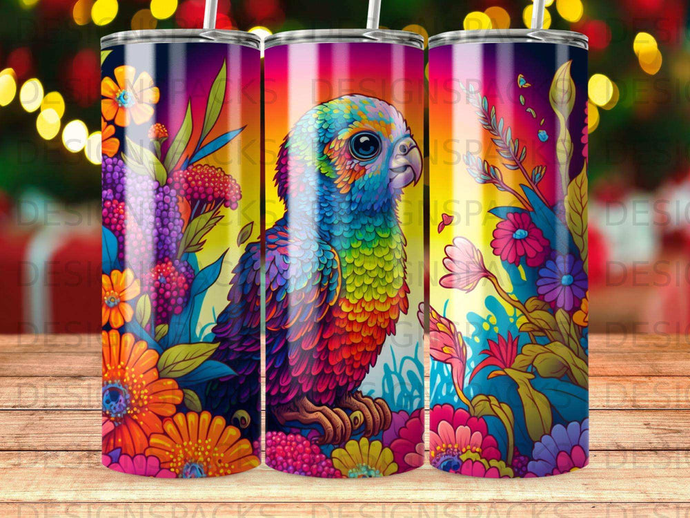 Colorful parrot on a floral background, a vertical tumbler design.