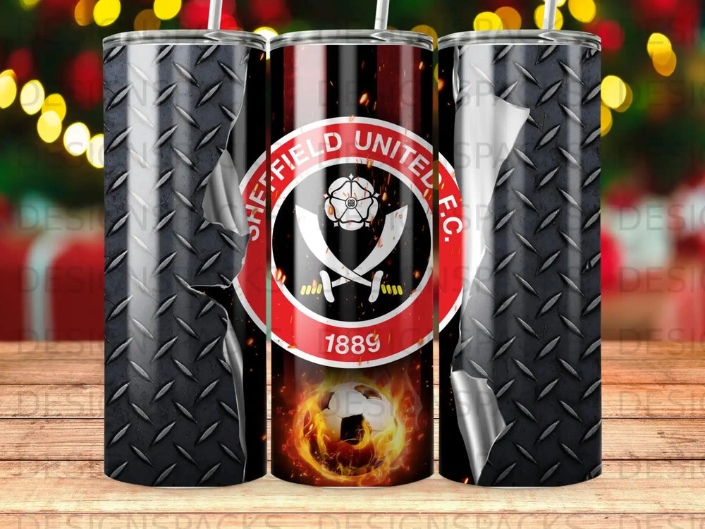 Sheffield United F.C. tumbler with team crest and flaming soccer ball design.