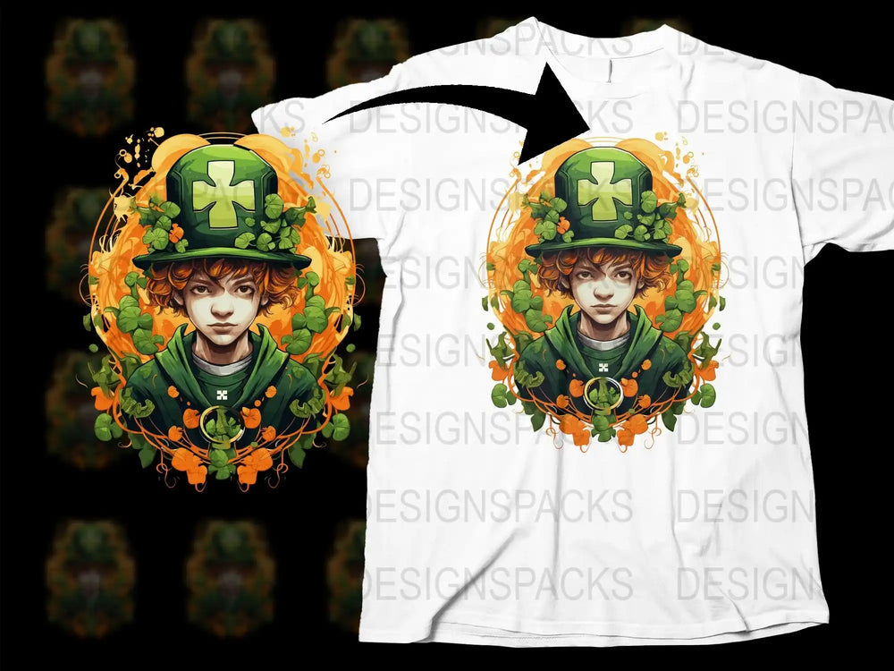 St. Patrick's Day t-shirt design with leprechaun, shamrocks, and green hat for DTG printing