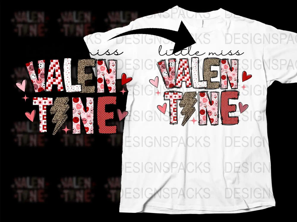 Little Miss Valentine t-shirt design with hearts and patterns for DTF/DTG printing