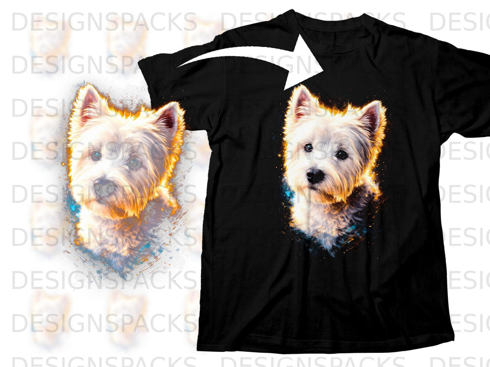Black t-shirt with a colorful abstract West Highland White Terrier dog graphic.