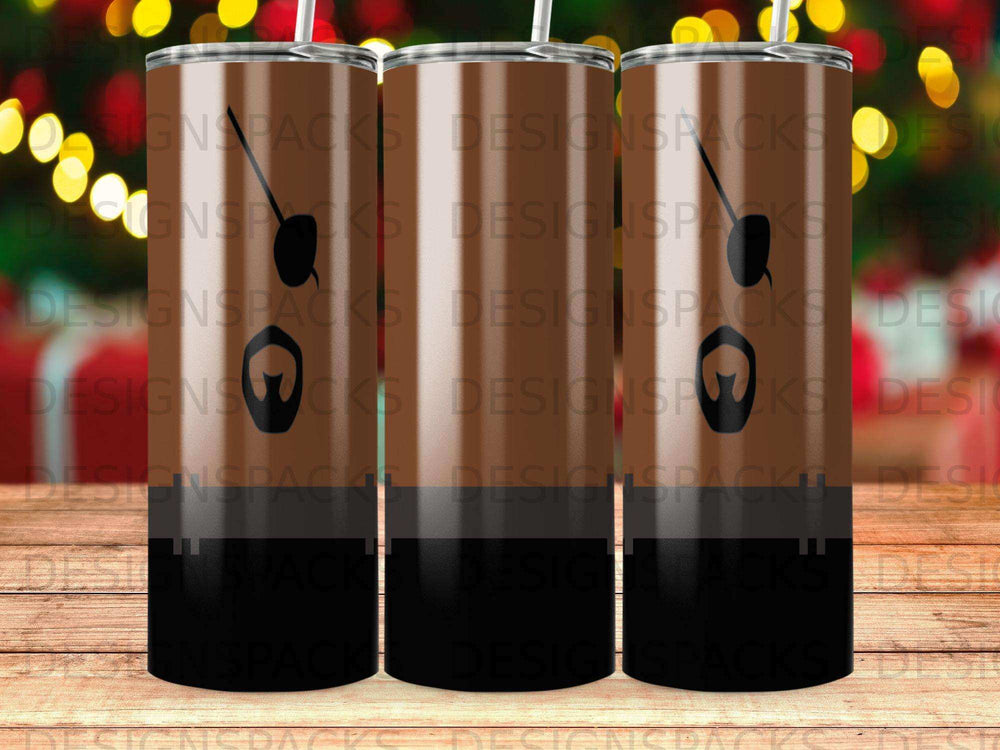 Three tumblers with a dark brown and black design, featuring repeating "DESIGNS" text.