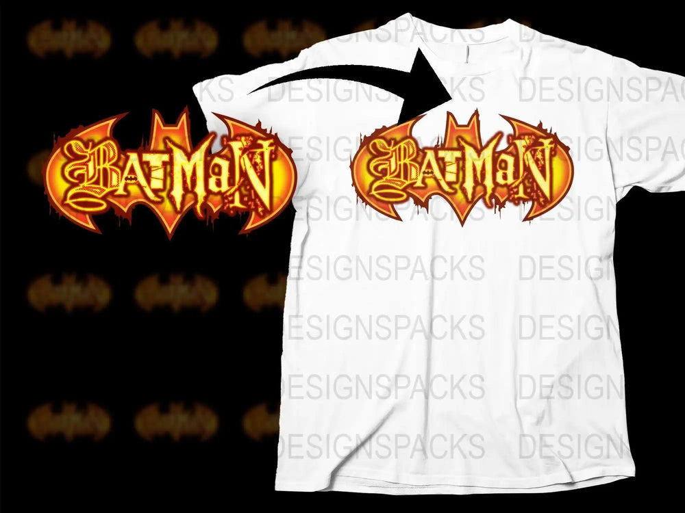 Batman logo t-shirt design with fiery orange and yellow graphics, print-ready for DTG or DTF.