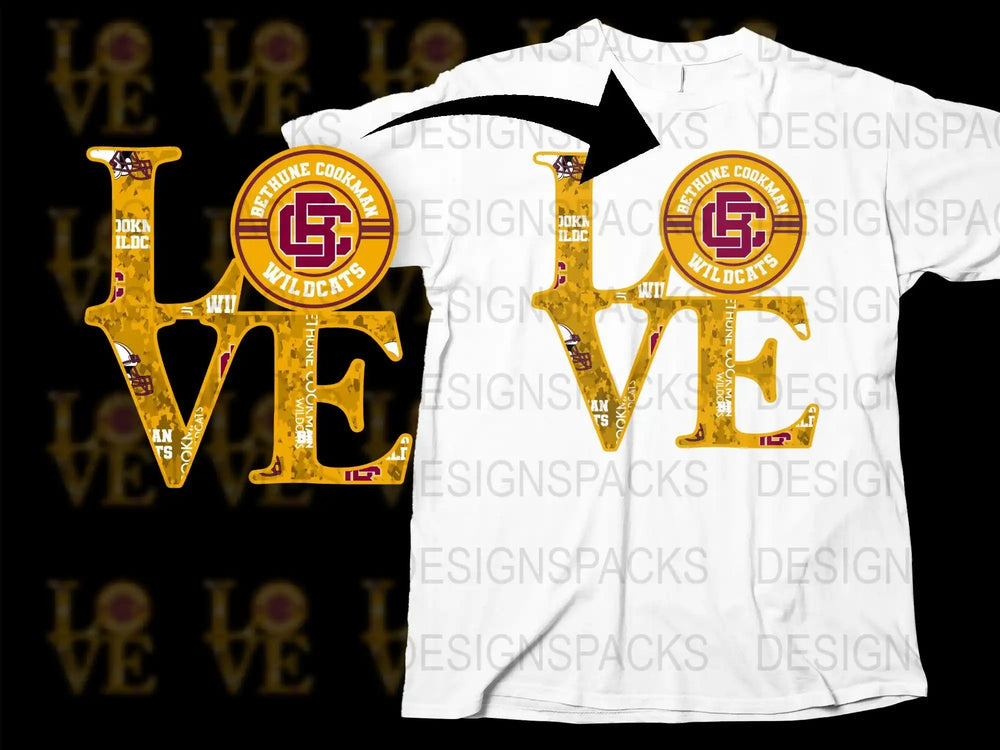 Bethune Cookman Wildcats 'LOVE' design for DTF/DTG t-shirt printing, print-ready PNG & SVG
